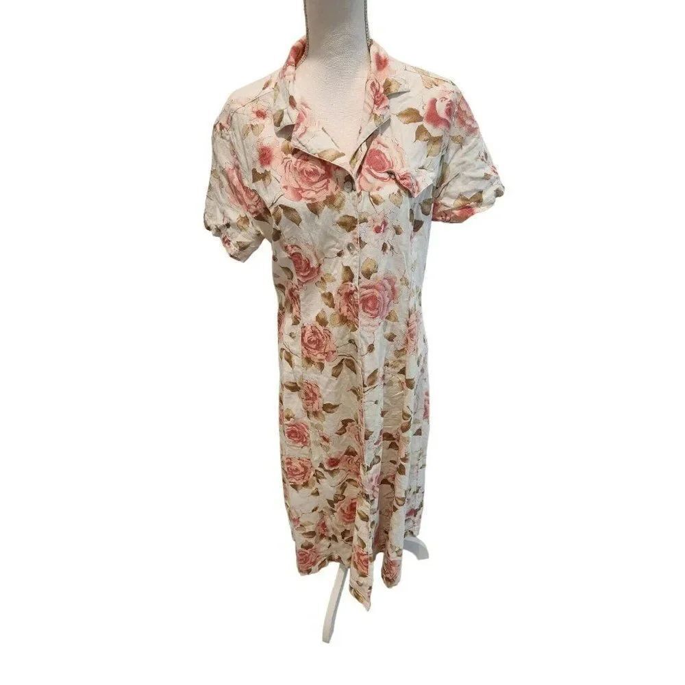 Vintage 90s Jane Ashley Linen Blend Pink Green Maxi Button Front Shirt Dress L